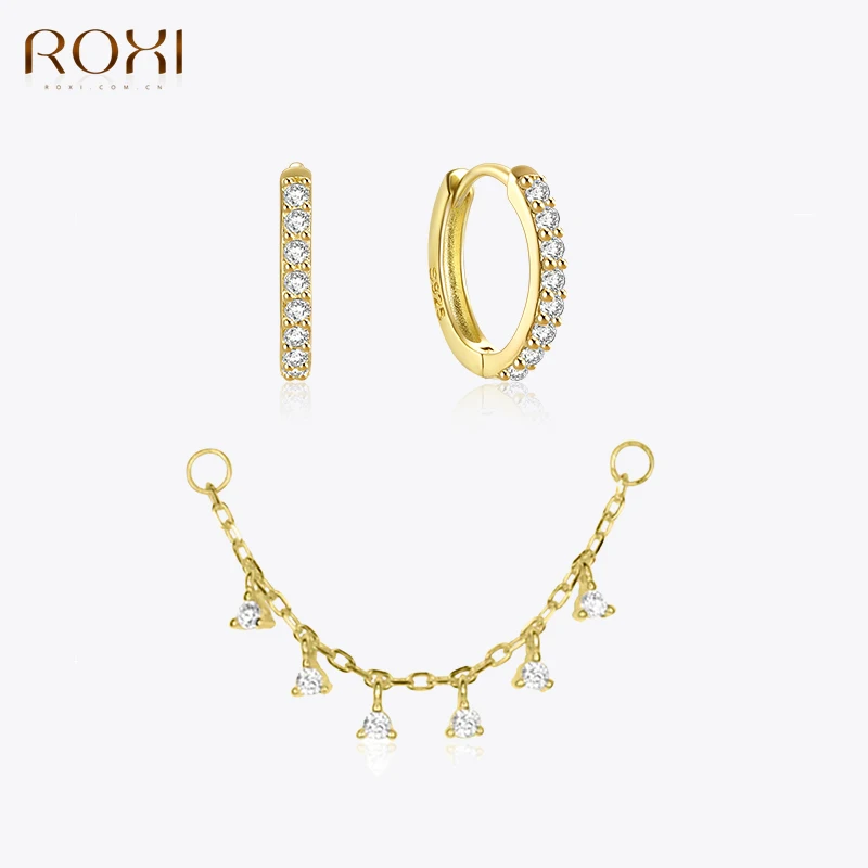

ROXI 925 Sterling Silver Chain Geometry CZ Drop Cartilage Chain Perforated Fashion Matching Earrings For Women Men Punk Jewelry