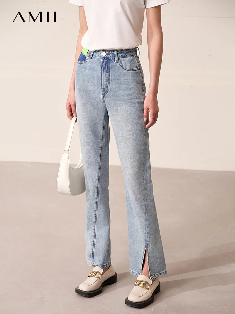 AMII Minimalism Casual Jeans 2023 Summer New 100% Cotton Split Chic Female Pantalones Contrasting Colors Women's Pants 72321005