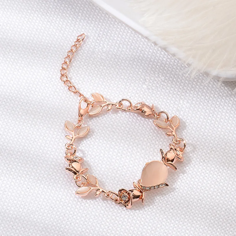 

Rose Gold Alloy Leaf Bracelets for Women Femme Children Girl Gift Jewelry Charms Crystal Opals Rhinestone Bangle Chain