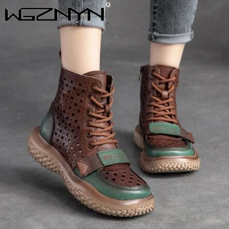 

Сандалии из натуральной искусственной кожи в стиле ретро, женские ажурные ботинки с закрытым носком, обувь на толстой подошве с отверстиями...