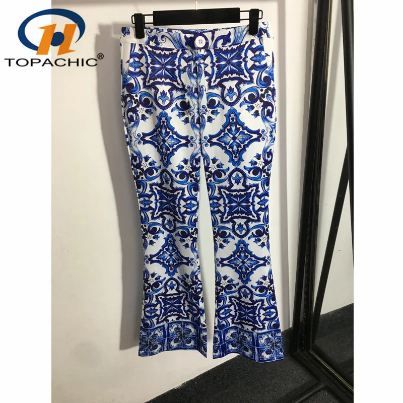 

9.15 High Quality Blue Flower Vintage Print High Waist Flare Pants Women