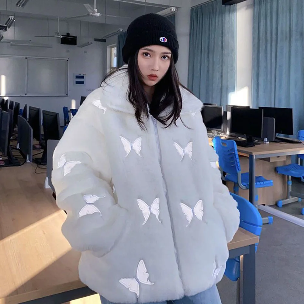 baby blue fur Winter Women's h Reflective Butterfly Imitation Fur Coat Harajuku Casual Street Jackets Female Hip-hop Tops