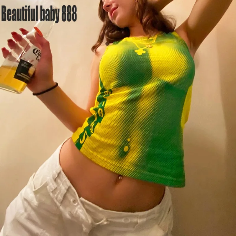 

Y2K Sleeveless Tank Tops Tie Dye Print Corset Top Sexy Off Shoulder Crop Tees Cool Girls Skinny Mini Vest Women Casual Camisoles