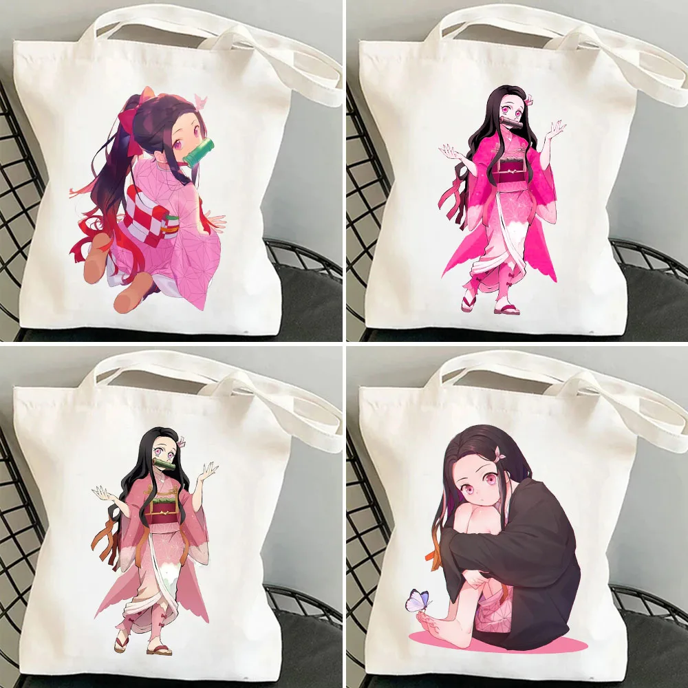 

Japan Anime Kimetsu No Yaiba Kamado Tanjirou Nezuko Demon Slayer Cartoon Tote Bags Women Canvas Shoulder Shopper Bag