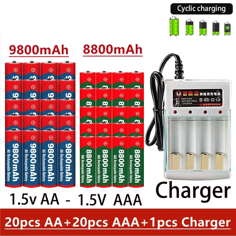 

Freight Free Rechargeable Battery Original 2023NEW 1.5V AA9800MAH+AAA8800MAH+Charger Suitable For Hair Clipper MP3 Flashlight