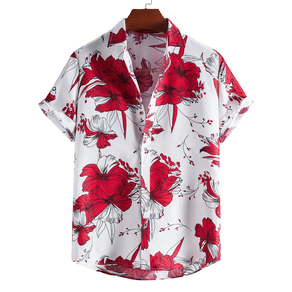 

Mens White Flower Print Beach Aloha Shirts Hipster Slim Fit Short Sleeve Hawaiian Shirt Men Party Vacation Clothing Camisas Male