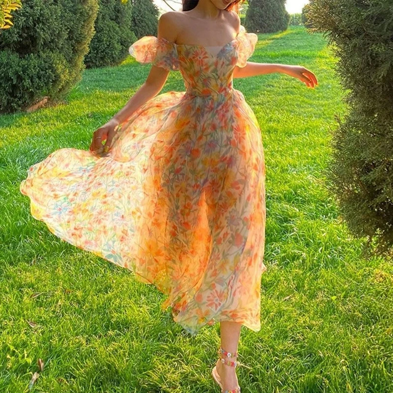 

Summer Floral Design Elegant Midi Dresses Women Office Lady One Piece Dress Korean Short Sleeve Vintage Beach Strap Dress 2021