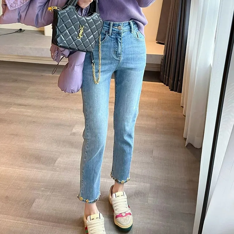 

High waist light jeans female spring and autumn style 2023 new small smoke pipe pants show thin nine points straight leg pants