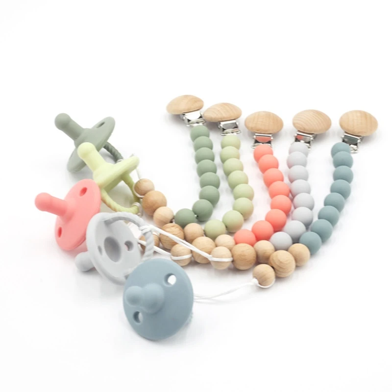 

2pc/set Baby Wooden Pacifier Clips Chain Silicone Beads Nipple Dummy Holder QX2D
