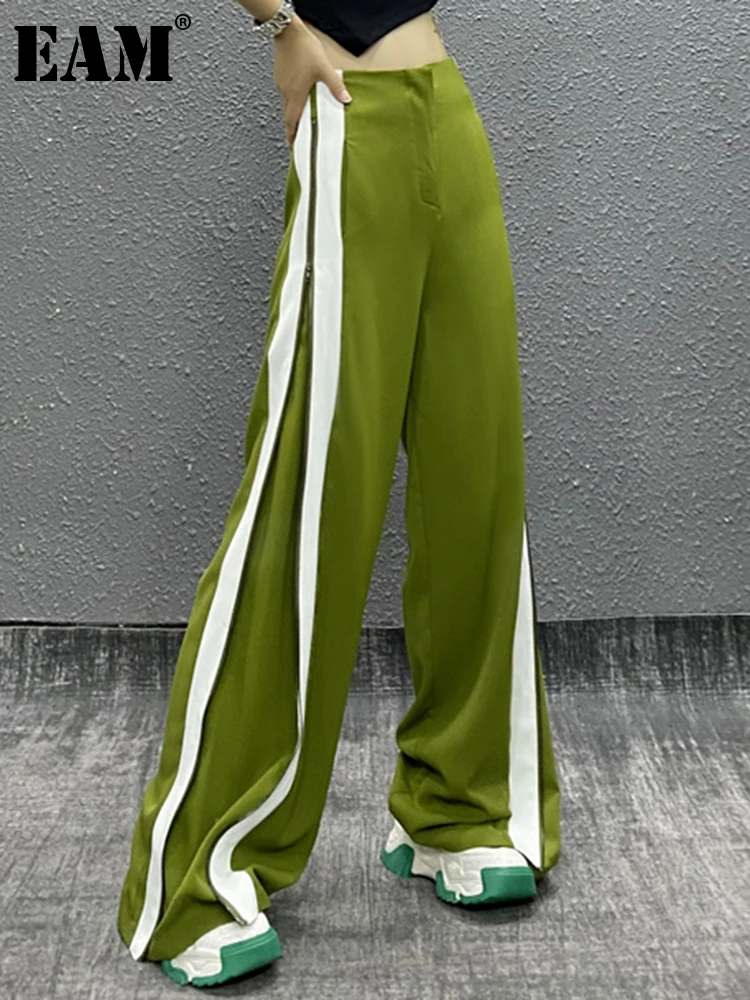 

[EAM] High Elastic Waist Green Striped Long Wide Leg Trousers New Loose Fit Pants Women Fashion Tide Spring Autumn 2023 1DE8805