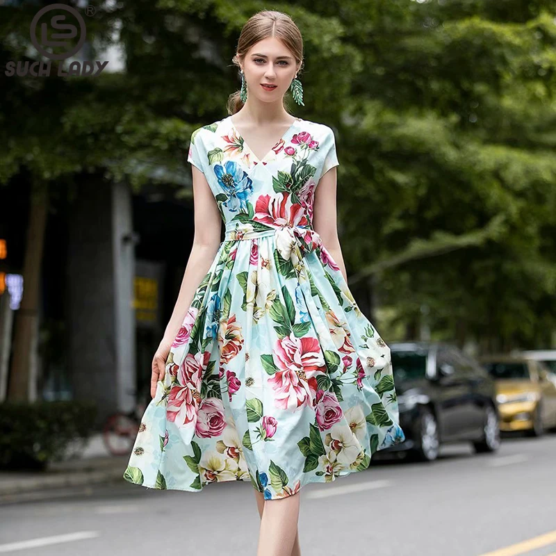 Women's Runway Dress Sexy V Neck Floral Printed Lace Up Belt Fashion High Street Casual Holiday Dresses Vestidos
