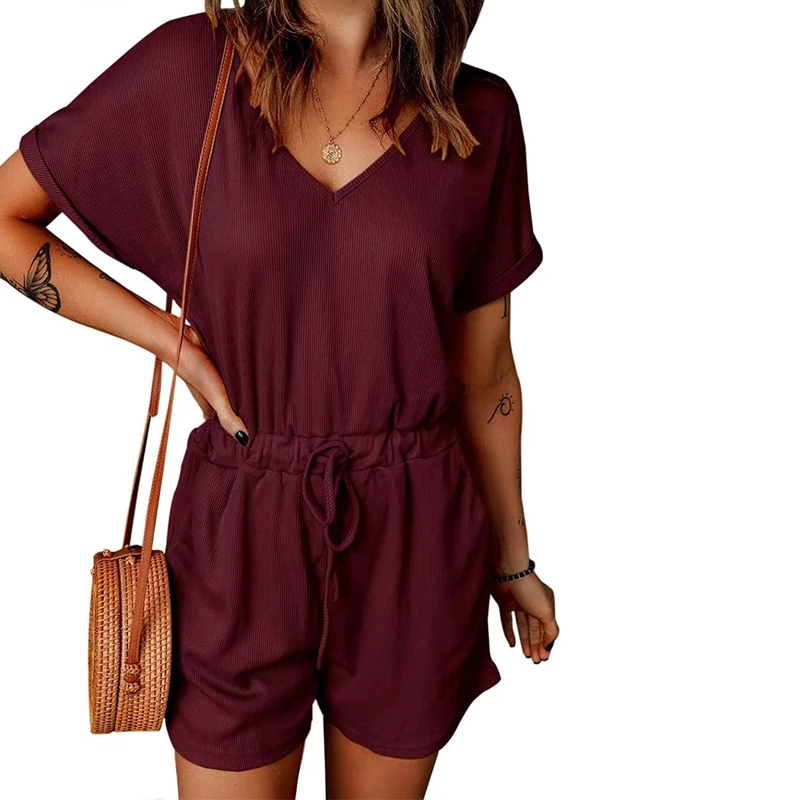 Women Casual Jumpsuits Solid Color V Neck Short-sleeved One-piece Shorts Playsuits Lace Up Loose Sexy Pocket Summer 2023 New