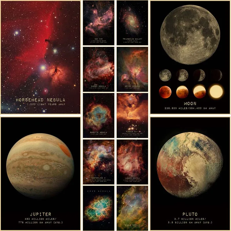 

Solar System Educational Poster Cosmos Learning Pictures Retro Kraft Paper Posters and Prints Kids Room Home Decor Wall Stickers