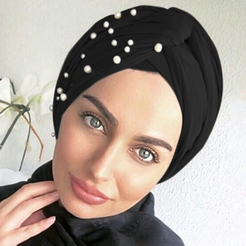 

2021 New Velvet Turbans For Women Pearls Turban Femme Musulman Women's Head Scarf Turban Cap Winter Indian Hat Turbante Mujer