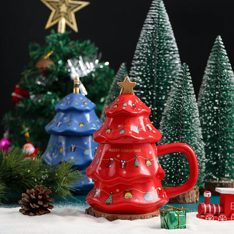 

450ml Ceramic Cup Christmas Tree Shape Mug with Lid and Spoon Water Cup Coffee Cup Milk Cup Christmas Gift Couple Cup Set