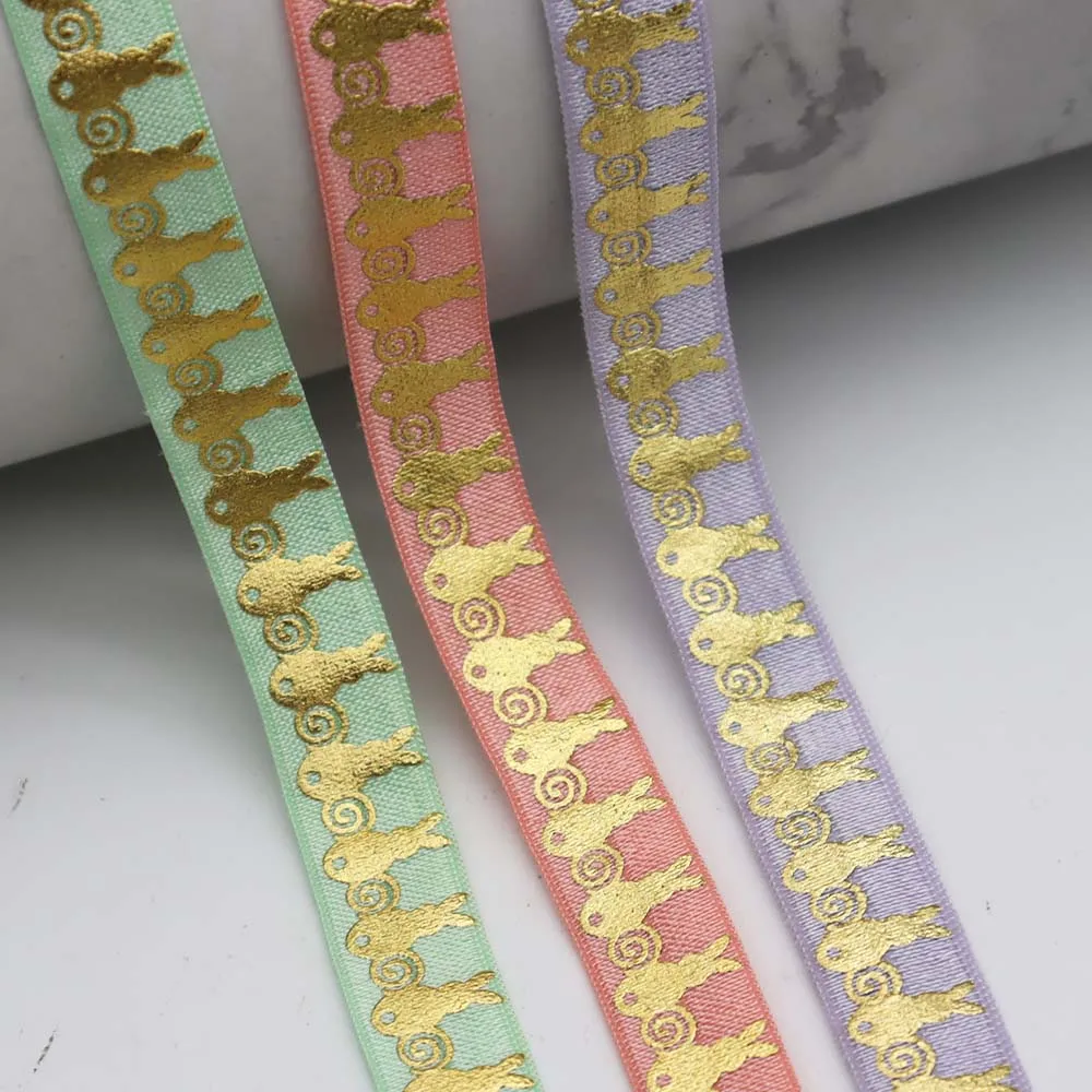 

5/8" 15MM Gold Foil Easter Bunny Printed Fold Over Elastic FOE Ribbon For Ponytail Hair Tie Hair Accessories Headwear