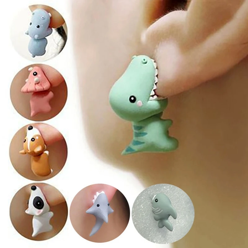 

Cute Animal Bite Earring Dinosaur Shark Earrings 3D Cartoon Piercing Earrings Handmade Polymer Clay Cute Stud Earrings for Women