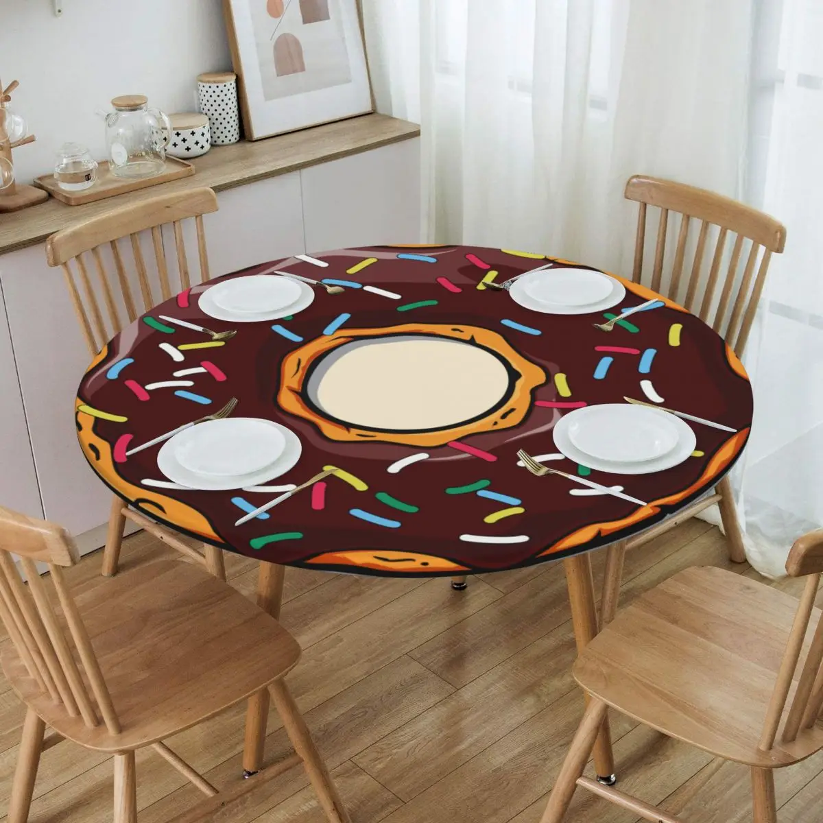 

Round Waterproof Chocolate Cartoon Donut With Sprinkles Cutout Tablecloth Backed Elastic Edge Table Covers Doughnut Table Cloth
