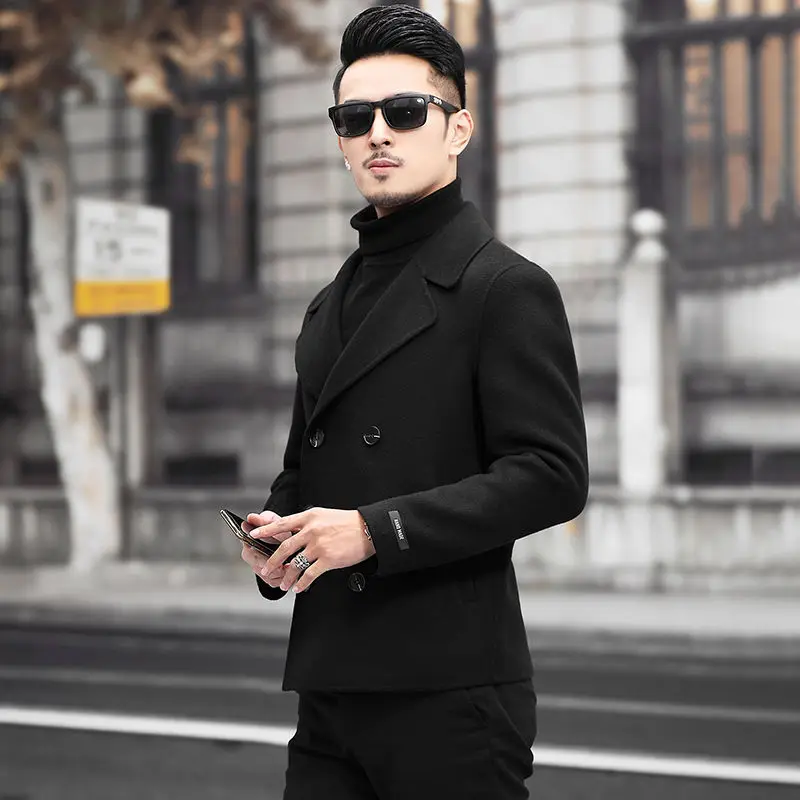 

Men's Woolen Trench Coat Men Autumn Winter Thick Overcoat Woolen Short Jacket British Korean Trendy Mens Jacket Wool Blends D292