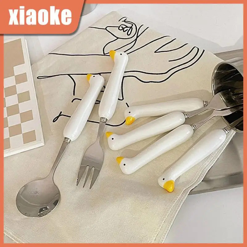 

High Color Goose Claw Spoon Fork Ice Cream Dessert Cute Stirring Coffee Spoon Ceramic Handle Portable Stainless Steel Spoon