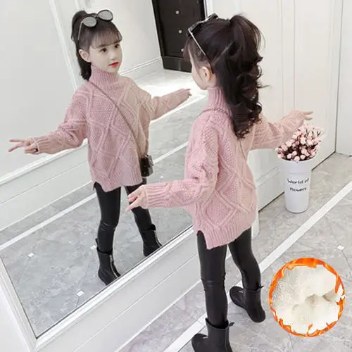 

New 2022 Autumn Winter Kids Girls Thick Bottoming Turtleneck Sweaters Children's Clothing Solid Casual Knitted Tops Pullover X91