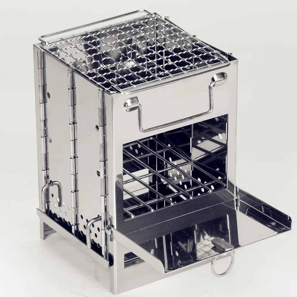 

Stainless Steel Outdoor Folding Barbecue Grill Mini BBQ Multifunctional Wood Stove Camping Equipment