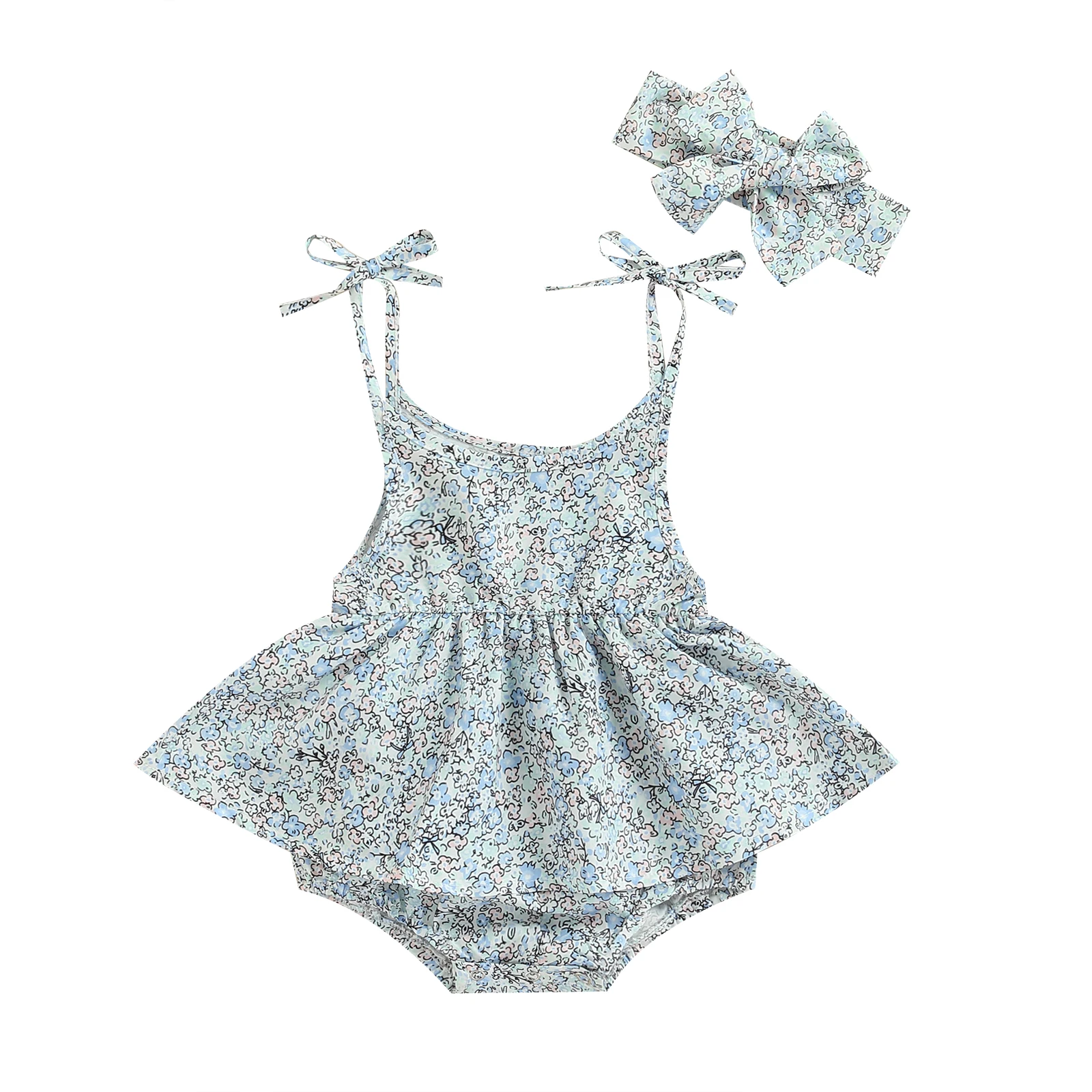 

Newborn Baby Girls Clothing V-neck Sleeveless Bodysuit Tie-Up Shoulder Strap Flower Print Romper with Decorative Bow Headband