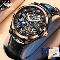 oupinke luxury watch for men automatic mechanical sapphire leather waterproof sports skeleton wrist watches brand reloj hombre