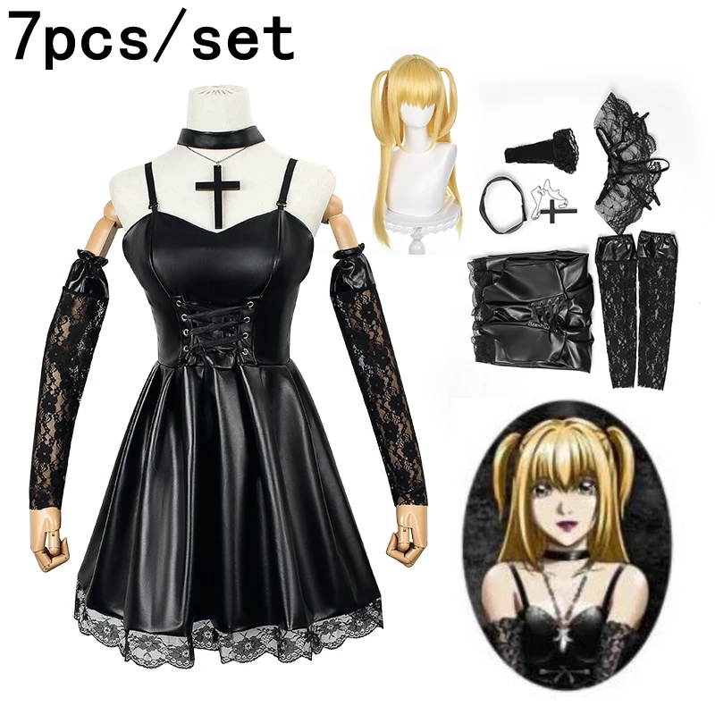 

Death Note Cosplay Costume Misa Amane Imitation Leather Sexy Dress Gloves Stockings Necklace Uniform Outfit Cosplay Costume