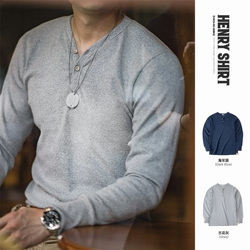 

Maden Vintage Heavyweight Long Sleeve Henley Shirts Men's Amekaji Solid Color T-shirts Uncle Fu Casual Loose Fit Cotton Tops