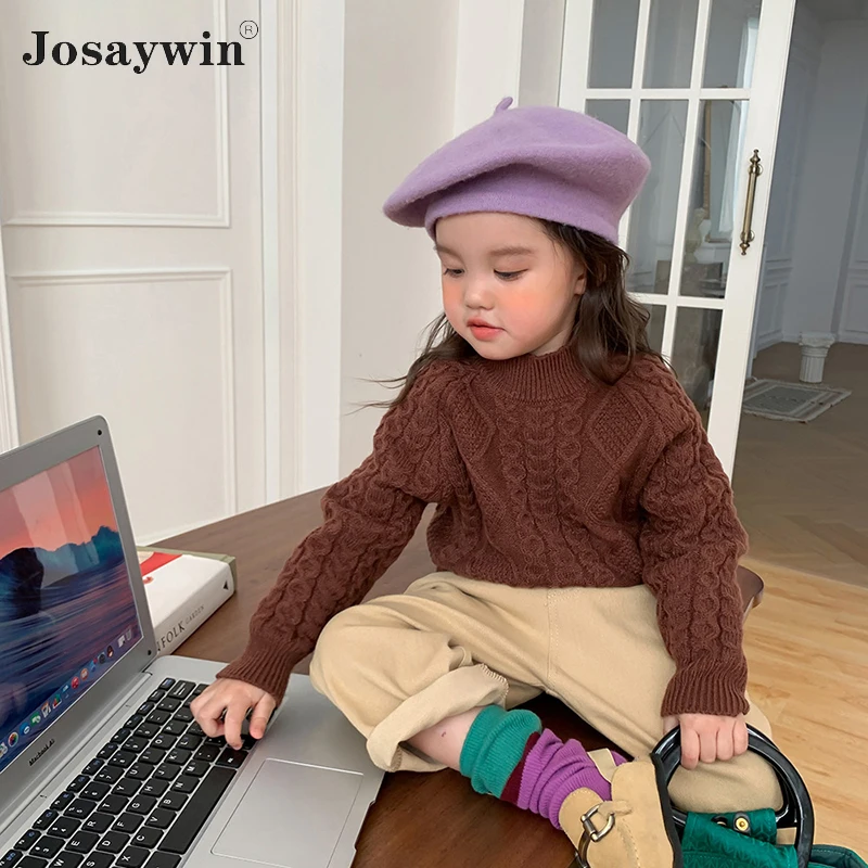 

Осенне-зимний детский свитер с высоким воротником для девочек, однотонный вязаный свитер для мальчиков, свитер, утепленные детские Джемпер...