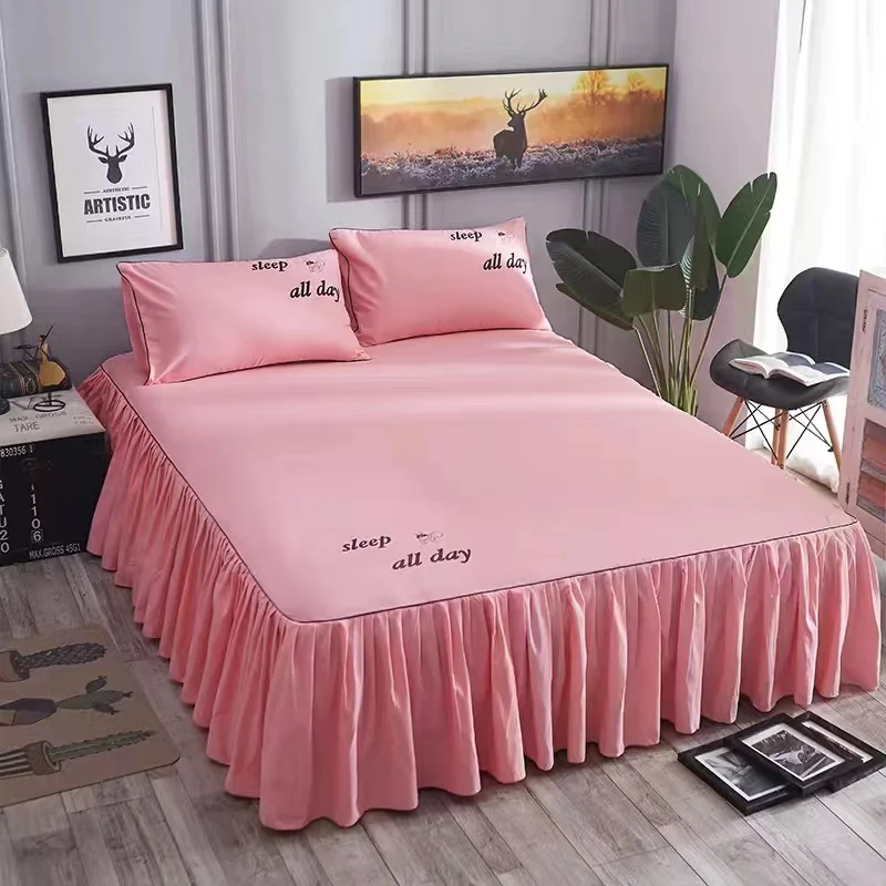 

3 Piece Bedding Bed Skirt 2 Piece Pillowcase Wedding Bedspread Sheet Solid Color Mattress Cover 1.5/1.8/2m Multicolor Bed Skirt