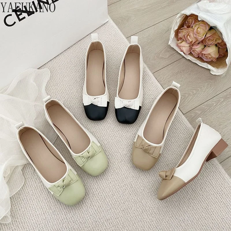 

Gentle Fashion Temperament Single Shoes Square Toe Womens Pumps Bow Sweet Small Fresh Color Matching Chunky Heel High Heels