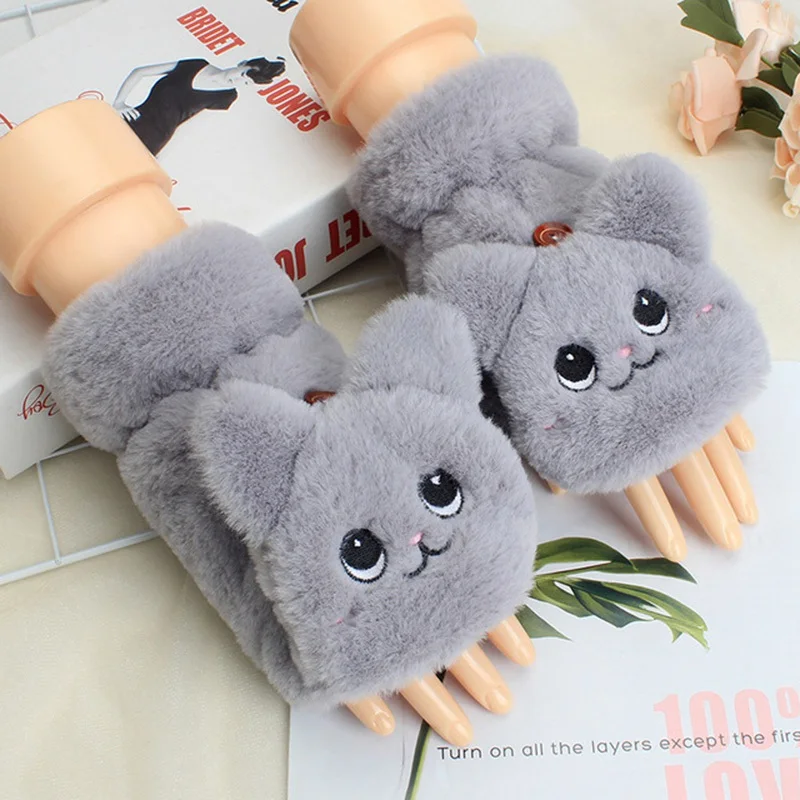 

Sale-Plush Women Flip Half-finger Gloves Cartoon Cat Warm Mittens Thicken Short Girls Fingerless Gloves Touch Screen Mittens New