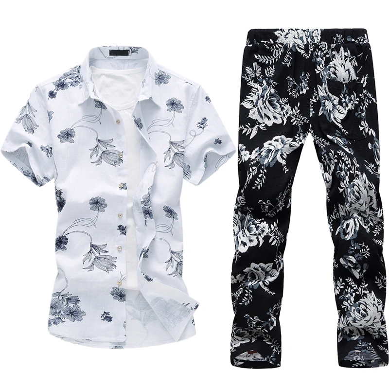 

Футболка мужская из двух предметов, рубашка из хлопка и льна с коротким рукавом и брюки до щиколотки с принтом, на лето
