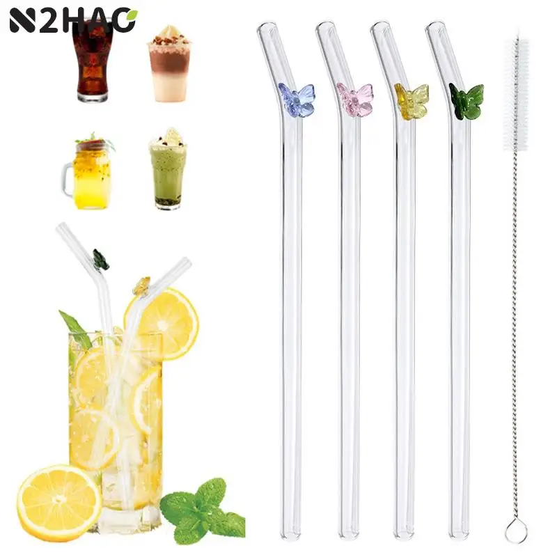 

Reusable Butterfly Glass Drinking Straws With Cleaner Brush Drinkware Cocktails Tea Coffee Juice Eco Friendly Bar Party Supplies