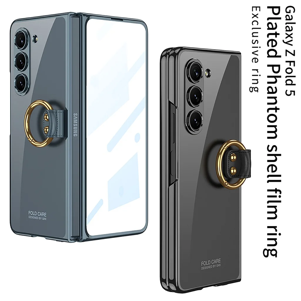 

Tempered Glass Transparent Case For Samsung Galaxy Z Fold 5 5G Ring Bracket Cover Plating Frame Hard Clear Hard Protective Case