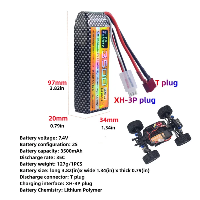 Фото Аккумулятор LiPo 2S 35C 3500 мАч 7.4В для MJX Hyper Go H16P H16E H16GT H16BM H16PL 14301 14302 14209 14210 с T-образным разъемом №2