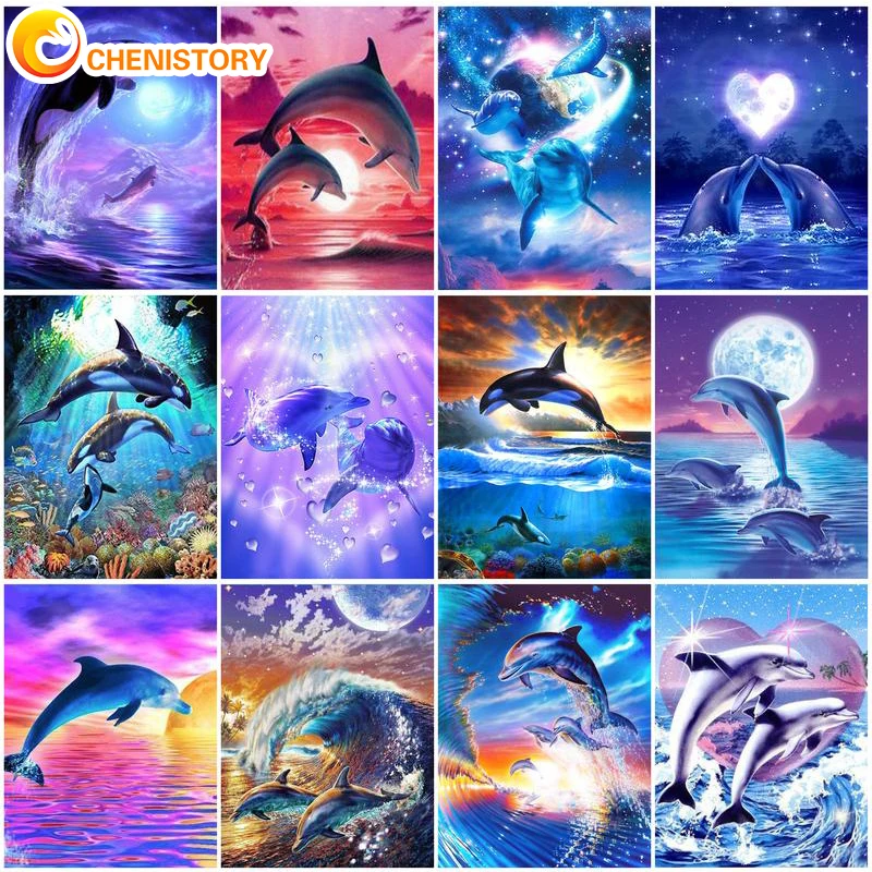 

CHENISTORY Diamond Painting Animal Dolphins Landscape Full Square/Round Drill Wall Decor Inlaid Resin Embroidery Craft Cross Sti