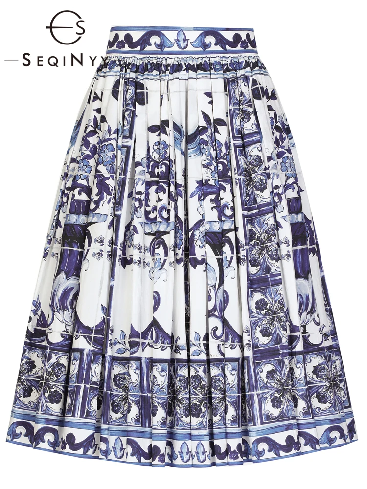 SEQINYY 100% Cotton Skirt Summer Spring New Fashion Design Women Runway High Quality Vintage Blue Flowers Print A-Line Knee