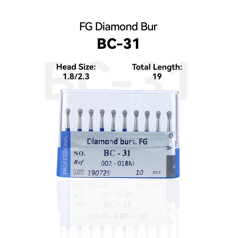 

10pcs Dental Clinic Products BC-31 002-018M Diamond Bur FG High Speed 1.8/2.3 19.0mm Blue Medium Intra-oral Tools Material