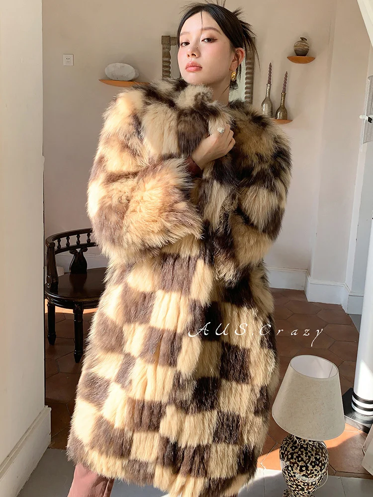 

Vintage Plaid Real Coat Women Long Fluff Overcoat Fashion Stripe Sewed Toghter Luxury Natural Fox Fur Winter Jacket
