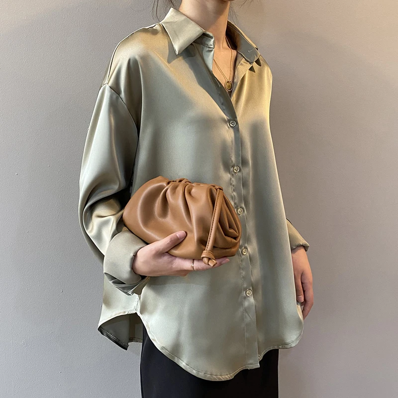 Autumn Fashion Button Up Satin Silk Shirt Spring Vintage Blouse Women White Lady Long Sleeves Female Loose Street Shirts