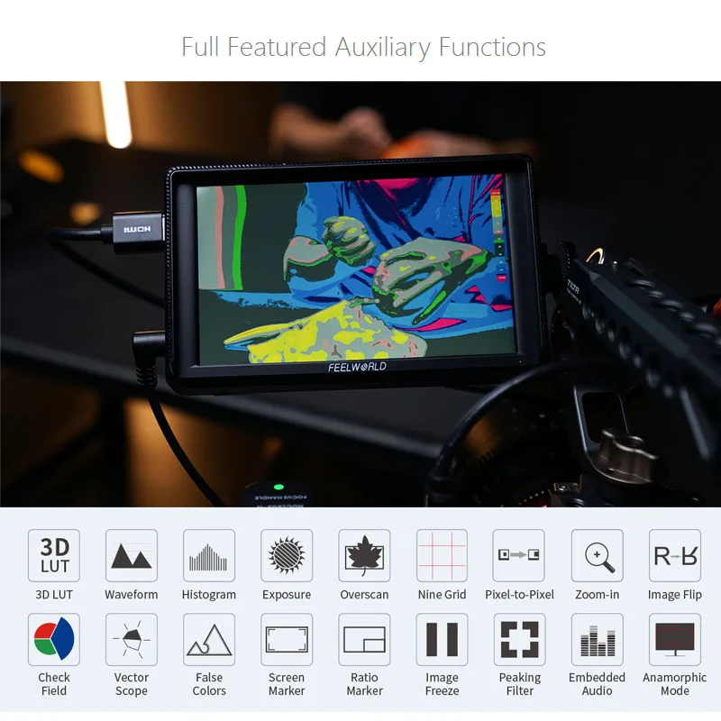 Фото FEELWORLD S55E 5,5-дюймовый монитор для DSLR-камер, FHD IPS, поддержка 4K, вход/выход HDMI, наклонный кронштейн, выход питания №4