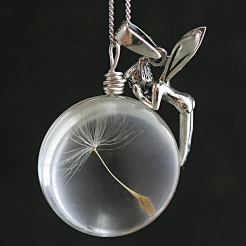 

Fashion Angel Wishing Ball Necklace Women Crystal Glass Time Gemstone Dandelion Seed Pendant Weater Chain Jewelry Wholesale v