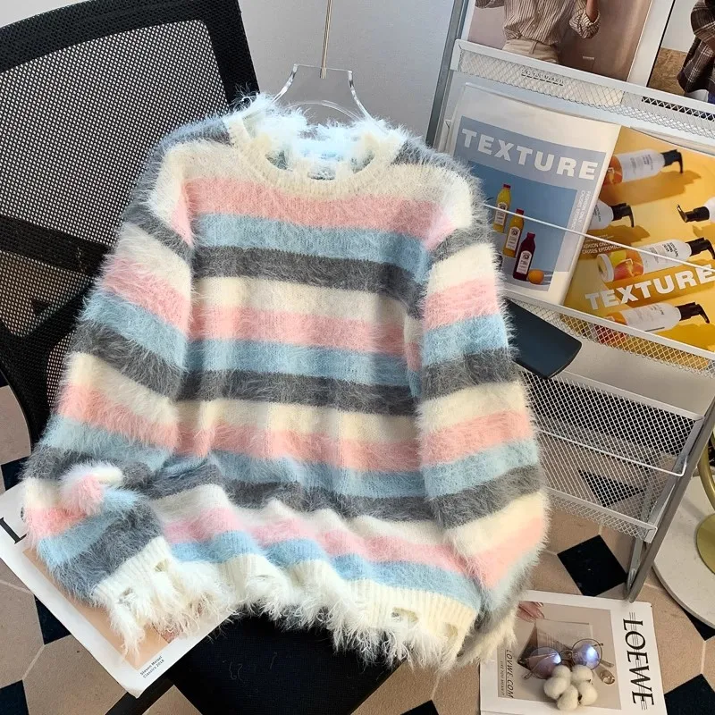 

Женский полосатый свитер из искусственной норки и кашемира, вязаные пуловеры, свободные джемперы с дырками, корейский стиль, осенне-зимние женские свитера с круглым вырезом