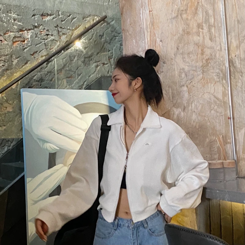 

Korean Casual Y2K Tops Chic Zipper Women Cropped Jackets Fashion Letter Print Loose Sweatshirt Harajuku Aesthetics Clothes
