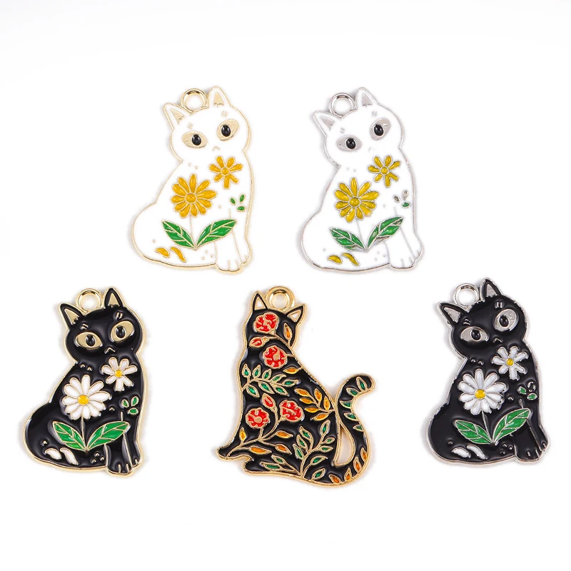 

10Pcs/Set Delicate Alloy Enamel Floral Cat Charms Gothic Animal Pendants For Diy Jewelry Making Keychain Necklace Supplies