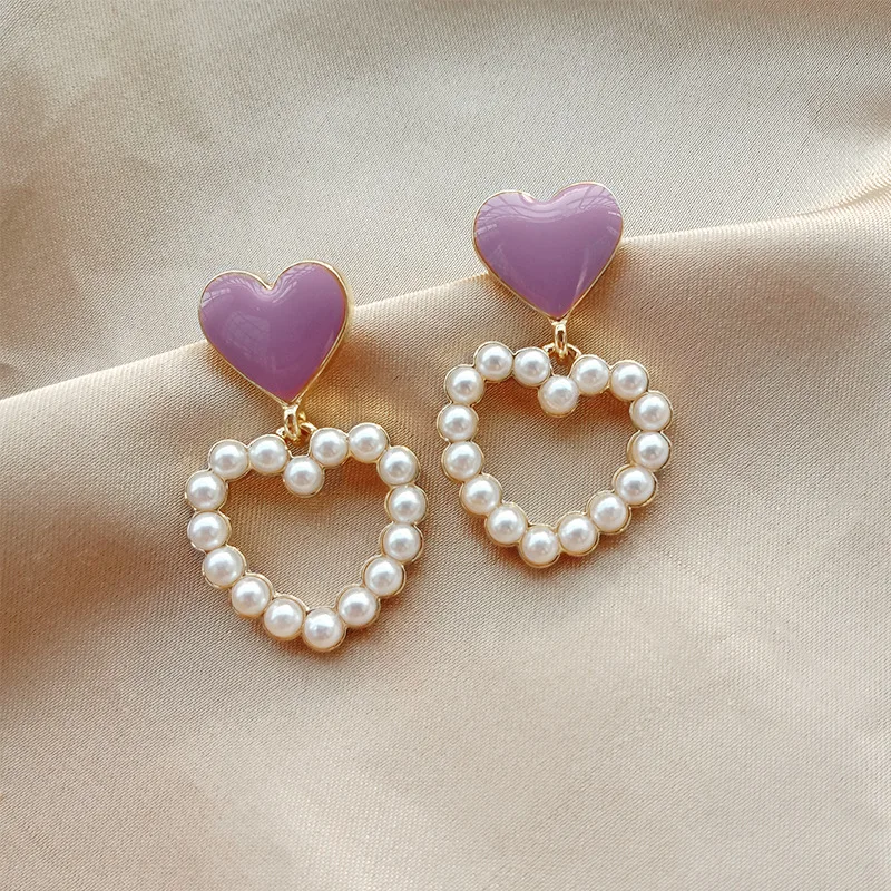 

New Korean White Pearl Heart Drop Earrings Purple Love Dangle Earrings Elegant Fashion Women Geometric Party Travel Jewelry Gift