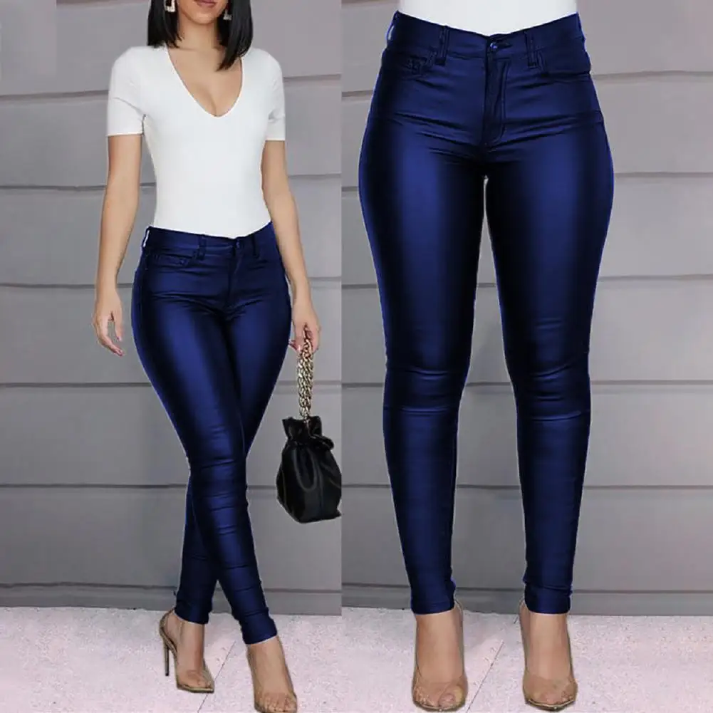 

Sexy Women Elastic Solid Color Leggings PU leather High Waist Stretch Close-fitting Trousers with Pockets Night Clubs Legging